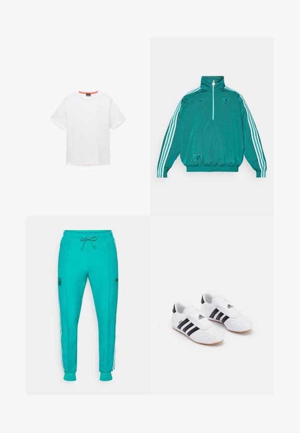 adidas Originals LIVERPOOL FC ICON HALF ZIP JACKET - Klub merchandise - sea green; Hvid bomuld T-shirt med rund halsudskæring, korte ærmer og et lille logo på brystet. Har kontrastfarvet orange kant indvendigt i kraven.; adidas Originals LIVERPOOL FC ICON TRACK PANT - Klub merchandise - sea green; Hvide træningssko med sorte striber, med en suede-lignende tekstur, afrundet tå og velcro-rem. Gummisål for godt greb.