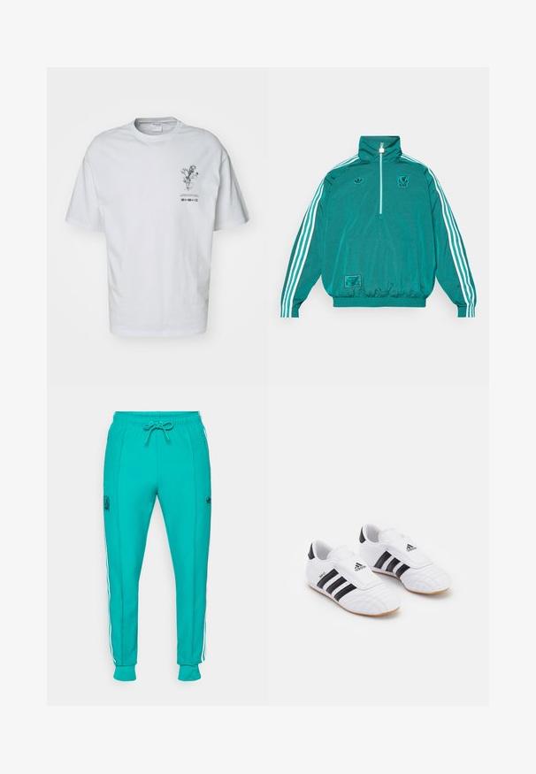 adidas Originals LIVERPOOL FC ICON HALF ZIP JACKET - Klubska moštva - sea green; Bela bombažna majica s kratkimi rokavi, ki ima spredaj grafiko cvetličnega vzorca in besedilne podrobnosti pod ilustracijo.; adidas Originals LIVERPOOL FC ICON TRACK PANT - Klubska moštva - sea green; Bele športne čevlje v beli barvi z črnimi črtami, ki so narejeni iz materiala podobnega usnju, imajo okroglo konico in Velcro zapenje. Guma podplat zagotavlja oprijem.