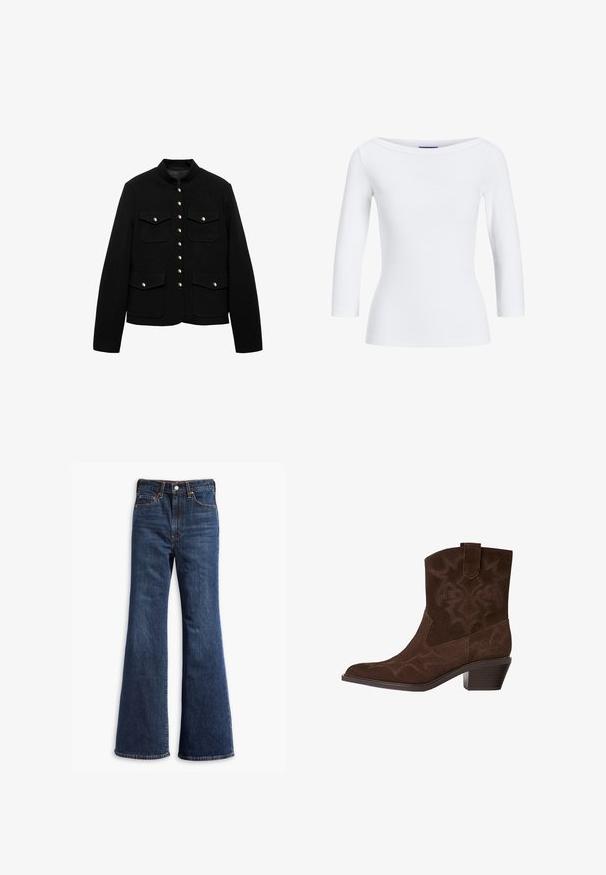 Svart jacka med hög krage, guldknappar och två framfickor. Tyget är slätt och designat för en strukturerad passform.; Vit ribbad långärmad topp med båthalsringning. Tyget är slätt, figurn, och har en ren finish vid ärmsluten och nederkanterna.; Höga mörkblå denimjeans med utställda ben, frontknapp och dragkedjestängning samt femficksdesign.; Bruna mockaskinns cowboystövlar med spetsig tå, dekorativa sömnads mönster, ankellängd och en staplad klack. Har en dragflik för enkel påtagning.
