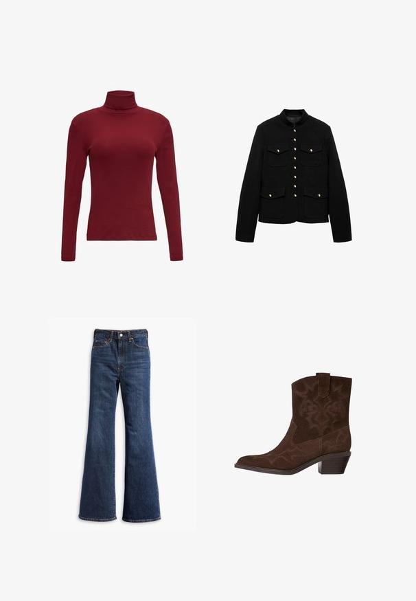 Schwarze Jacke mit hohem Kragen, goldfarbener Knopfleiste und zwei vorderen Taschen. Der Stoff ist glatt und für eine strukturierte Passform konzipiert.; Burgunderfarbener Langarmrollkragen aus weichem Baumwollstoff mit einer figurbetonten Silhouette und einer dezenten Rippstruktur am Kragen.; Hochtaillierte dunkelblaue Jeans mit ausgestellten Beinen, Vorderknopf- und Reißverschluss sowie Fünf-Taschen-Design.; Braune Wildleder-Cowboy-Stiefel mit spitzem Zeh, dekorativen Stickmustern, Knöchelhöhe und gestapeltem Absatz. Mit einer Zuglasche für einfaches An- und Ausziehen.