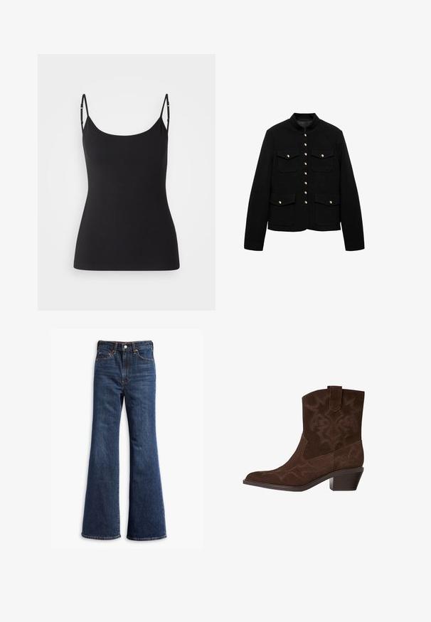 Schwarze Jacke mit hohem Kragen, goldfarbener Knopfleiste und zwei vorderen Taschen. Der Stoff ist glatt und für eine strukturierte Passform konzipiert.; Schwarzes Camisole mit dünnen, verstellbaren Trägern, gefertigt aus einem glatten, elastischen Stoff. Verfügt über einen Rundhalsausschnitt und eine figurbetonte Silhouette.; Hochtaillierte dunkelblaue Jeans mit ausgestellten Beinen, Vorderknopf- und Reißverschluss sowie Fünf-Taschen-Design.; Braune Wildleder-Cowboy-Stiefel mit spitzem Zeh, dekorativen Stickmustern, Knöchelhöhe und gestapeltem Absatz. Mit einer Zuglasche für einfaches An- und Ausziehen.