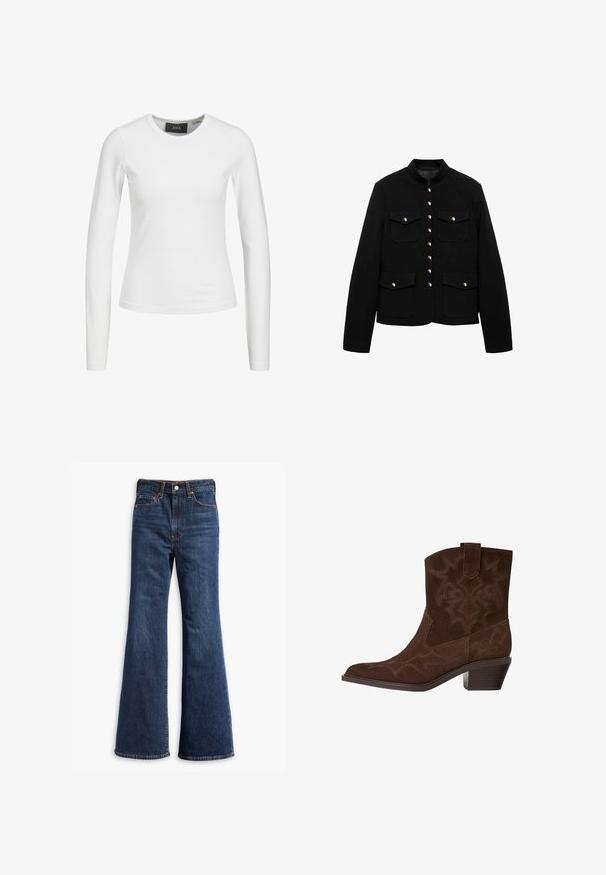 Czarna kurtka z wysokim kołnierzem, zapięcie na złote guziki oraz dwoma przednimi kieszeniami. Tkanina jest gładka, zaprojektowana w celu uzyskania dopasowanego kroju.; Biała, dopasowana bluzka z długim rękawem, wykonana z lekkiego, elastycznego materiału. Posiada okrągły dekolt i nie ma widocznych wzorów ani ozdób.; Jeansy z wysokim stanem w ciemnoniebieskim kolorze, z rozszerzanymi nogawkami, zapinane na guzik i zamek, z pięcioma kieszeniami.; Brązowy zamszowy but kowbojski z wąskim noskiem, ozdobnymi wzorami przeszyć, wysokością do kostki oraz klinowym obcasem. Posiada uchwyt ułatwiający zakładanie.
