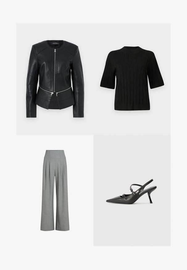 Jachetă din piele neagră cu guler rotund, fermoar frontal și design structurat. Prezintă două buzunare cu fermoar la talie și detalii de cusătură.; Pulover scurt negru cu mânecă scurtă, cu textură ribbed și guler înalt, având dungi verticale și o siluetă ajustată.; Pantaloni largi gri, plisati, cu talie inalta, realizați dintr-un material texturat, având un finisaj neted și linii clare.; Pantofi cu toc slingback din piele neagră, cu vârful ascuțit, toc subțire și detaliu decorativ cu cataramă pe partea din față. Textură netedă și design elegant.