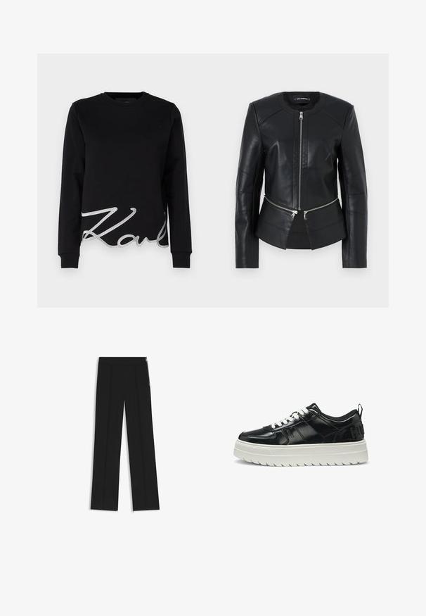 Giubbotto di pelle nera con collo rotondo, zip frontale e design strutturato. Presenta due tasche con zip in vita e dettagli delle cuciture.; Felpa nera in cotone, con maniche lunghe e scollatura a girocollo. Dettaglio ricamato in argento "Karl" molto evidente all'orlo.; Pantaloni neri a gamba larga con due pieghe frontali, vita elasticizzata e zip laterali per dettagli. Texture liscia e design minimalista.; Sneaker in pelle verniciata nera con lacci bianchi, dotato di una soletta spessa e rigata e logo in rilievo sul tallone. Design a bassa altezza con punta rotonda.
