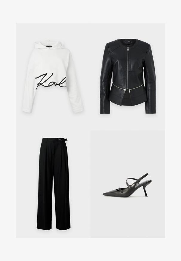 Must mustnahast jakk ümmarguse kaelusega, ees tõmblukuga ja struktuurse kujundusega. Omab kahte tõmblukuga taskut vööl ja õmblusdetailidega.; Valge lühikesed käised kapuutsiga särk pehmest materjalis, mille esipaneelil on must kiri. Sile tekstuur ja mugav lõige.; Mustad kõrge vöökohaga mustad laiad püksid, millel on ees voldid ja vöö, millel on pandla. Valmistatud siledast ja kergest kangast.; Must musta slingback kontsad, terava nina, peenike konts ja dekoratiivne pandla detail peal. Sile tekstuur ja stiilne disain.