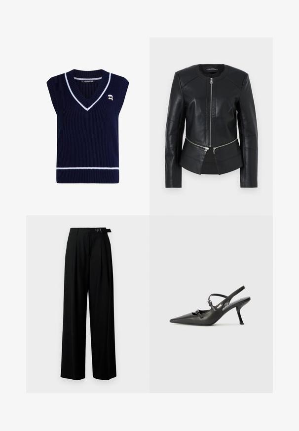 Juodas odinis švarkas su apvaliu iškirpimu, priekiniu užtrauktuku ir struktūrizuotu dizainu. Yra du užtrauktukai kišenėse, esančiose juosmens srityje, ir siuvimo detalės.; Tamsiai mėlynas nėriniuotas megztinis be rankovių su V formos iškirpte ir baltais dryžiais. Yra mažas logotipas išsiuvinėtas ant krūtinės.; Juodos plačios kojų kelnės su aukštu liemeniu, priekinėmis klostėmis ir diržu su sagtimi. Pagamintos iš lygaus, lengvo audinio.; Juodi odiniai slingback kulniukai su smailiu pirštu, siauru kulnu ir dekoratyvine sagtimi viršuje. Lygus paviršius ir elegantiškas dizainas.