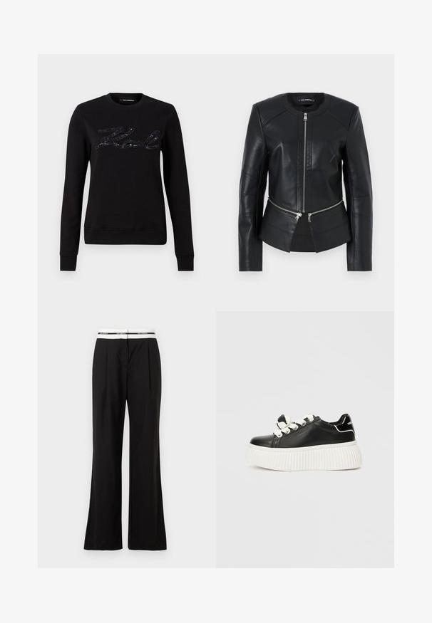 Svart läderjacka med rund halsringning, frontdragkedja och strukturerad design. Har två dragkedjefickor vid midjan och sömdetaljer.; Svart sweatshirt med långa ärmar, med en texturerad logotypdesign i svarta paljetter över bröstet. Rund halsringning och ribbade muddarna.; Svarta byxor med avslappnad passform, med en vit elastisk midja med varumärkeslogga. Tillverkade av ett mjukt tyg med en lätt lyster.; Svart lädersneaker med en tjock vit ribbad sula, som har vita skosnören och en dekorativ rosett på tungan.
