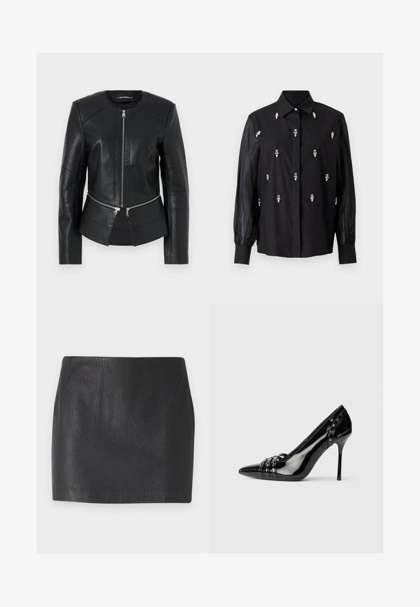 Zwarte leren jas met een ronde halslijn, ritssluiting aan de voorkant en gestructureerd ontwerp. Beschikt over twee ritszakken op de taille en naaddetails.; Zwarte shirt met een gestructureerd ontwerp, met doorschijnende mouwen en zilverkleurige decoratieve accenten die verticaal over de voorkant zijn geplaatst.; Zwarte neplederen mini-rok met een gestreept oppervlak, rechte snit en geen zichtbare hardware of versieringen.; Zwarte lakleren stilettohak met spitse neus, drie decoratieve banden met studs en "Karl Lagerfeld" branding op de hak.