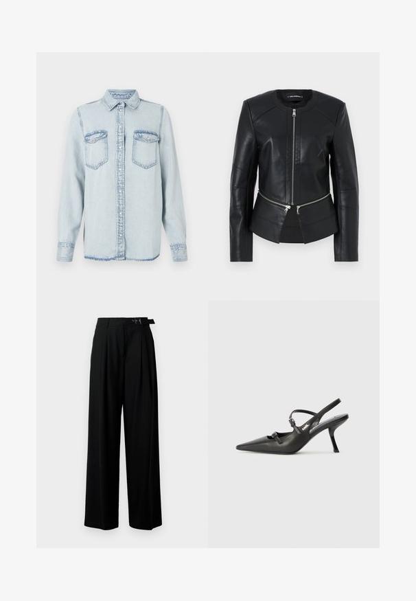 Black leather jacket with a round neckline, front zipper, and structured design. Features two zipper pockets at the waist and seam detailing.; Light blue denim shirt with a pointed collar, button front, and two chest pockets. Features stitched detailing and a slightly frayed hem.; Black wide-leg trousers with a high waist, pleats at the front, and a belt featuring a buckle. Made from smooth, lightweight fabric.; Black leather slingback heels with a pointed toe, slender heel, and decorative buckle detail on the vamp. Smooth texture and sleek design.