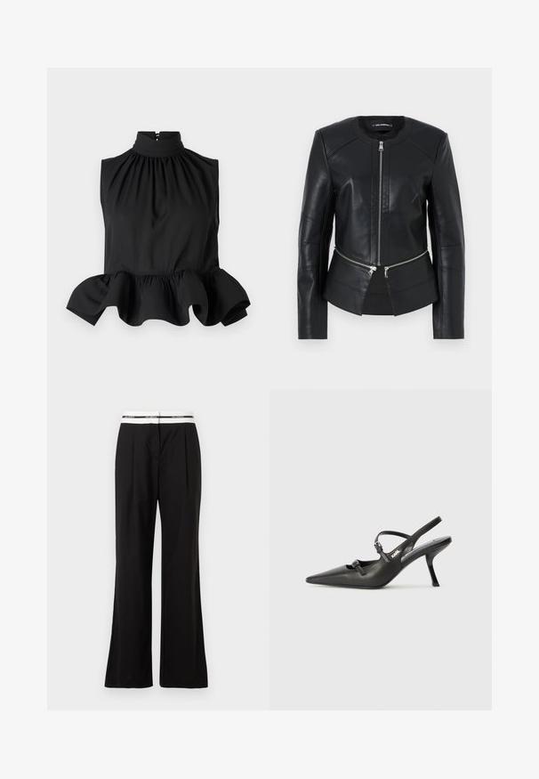 Schwarze Lederjacke mit rundem Halsauschnitt, vorderem Reißverschluss und strukturiertem Design. Verfügt über zwei Reißverschlusstaschen auf Taillenhöhe und Nahtdetails.; Schwarzes ärmelloses Oberteil mit hohem Kragen, gerafftem Stoff und schwingendem Rüschensaum. Glatte Textur mit einem verdeckten Reißverschluss hinten.; Schwarze Hosen mit lockerem Schnitt, ausgestattet mit einem weißen elastischen Bund mit Branding. Hergestellt aus glattem Stoff mit leichtem Glanz.; Schwarzlederne Slingback-Absätze mit spitzer Zehenform, schlankem Absatz und dekorativem Schnallendetail auf dem Blatt. Glatte Textur und elegantes Design.