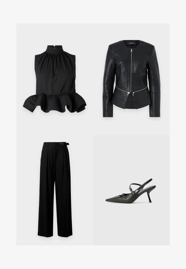 Chaqueta de cuero negra con cuello redondo, cierre frontal y diseño estructurado. Presenta dos bolsillos con cremallera en la cintura y detalles de costura.; Top negro sin mangas con cuello alto, tela fruncida y un dobladillo de volantes acampanado. Textura suave con un cierre oculto en la parte posterior.; Pantalones de pierna ancha negros con cintura alta, pliegues en la parte delantera y un cinturón con hebilla. Confeccionados con una tela suave y liviana.; Tacones slingback de cuero negro con punta afilada, tacón delgado y detalle decorativo de hebilla en la parte superior. Textura suave y diseño elegante.