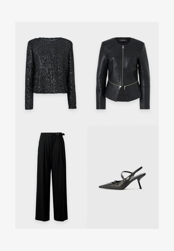 Juodas odinis švarkas su apvaliu iškirpimu, priekiniu užtrauktuku ir struktūrizuotu dizainu. Yra du užtrauktukai kišenėse, esančiose juosmens srityje, ir siuvimo detalės.; Juodas ilgomis rankovėmis viršus, uždengtas mažais blizgučiais, su apvalia iškirpte ir laisvu sijonu, lygaus paviršiaus ir blizgantis.; Juodos plačios kojų kelnės su aukštu liemeniu, priekinėmis klostėmis ir diržu su sagtimi. Pagamintos iš lygaus, lengvo audinio.; Juodi odiniai slingback kulniukai su smailiu pirštu, siauru kulnu ir dekoratyvine sagtimi viršuje. Lygus paviršius ir elegantiškas dizainas.