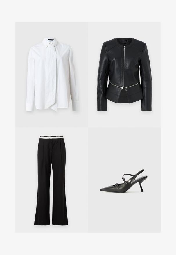 Black leather jacket with a round neckline, front zipper, and structured design. Features two zipper pockets at the waist and seam detailing.; White button-up shirt with long sleeves, featuring a large bow at the collar, made from smooth fabric with a crisp texture.; Black trousers with a relaxed fit, featuring a white elastic waistband with branding. Made of smooth fabric with a slight sheen.; Black leather slingback heels with a pointed toe, slender heel, and decorative buckle detail on the vamp. Smooth texture and sleek design.