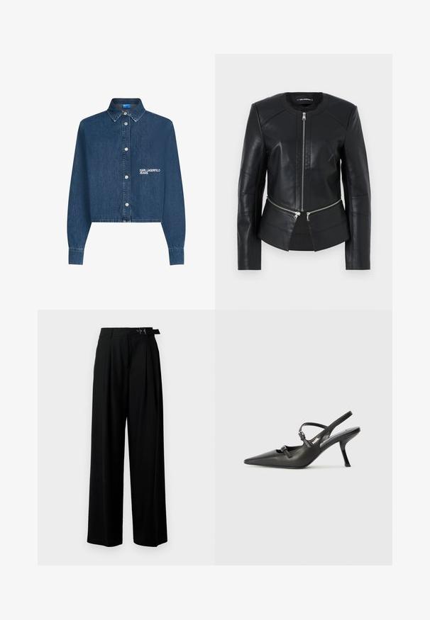 Black leather jacket with a round neckline, front zipper, and structured design. Features two zipper pockets at the waist and seam detailing.; Denim jacket, dark blue, cropped design, long sleeves with button cuffs, features silver buttons, and embroidered "KARL LAGERFELD JEANS" logo.; Black wide-leg trousers with a high waist, pleats at the front, and a belt featuring a buckle. Made from smooth, lightweight fabric.; Black leather slingback heels with a pointed toe, slender heel, and decorative buckle detail on the vamp. Smooth texture and sleek design.