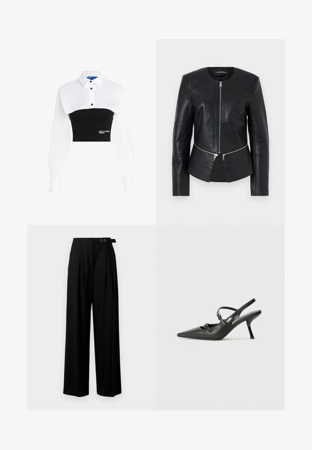 Jachetă din piele neagră cu guler rotund, fermoar frontal și design structurat. Prezintă două buzunare cu fermoar la talie și detalii de cusătură.; Cămașă scurtă cu un guler alb și un bază neagră, cu detalii cu nasturi și logo-ul "KARL LAGERFELD JEANS" pe față.; Pantaloni negri cu croi larg, talie înaltă, pliuri în față și un b μέρος cu cataramă. Confecționați dintr-un material neted și ușor.; Pantofi cu toc slingback din piele neagră, cu vârful ascuțit, toc subțire și detaliu decorativ cu cataramă pe partea din față. Textură netedă și design elegant.