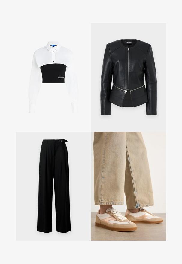 Fekete bőrkabát kerek nyakkivágással, elülső cipzárral és struktúrált dizájnnal. Két cipzáras zseb található a deréknál és varrási részletekkel rendelkezik.; Rövidített ing, fehér galléros felső résszel és fekete, testhezálló alsó résszel, gombos díszítéssel és "KARL LAGERFELD JEANS" logóval az elején.; Fekete, bő szárú nadrág magas derékkal, elöl pliszírozva, és csattal ellátott övvel. Simább, könnyű anyagból készült.; Barna és krémszínű sneakers cipők, bőr és hálós anyagból készült, fűzős záródással és gumitalppal, bézsszínű, bő szárú farmernadrággal párosítva.