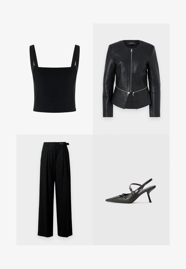 Giubbotto di pelle nera con collo rotondo, zip frontale e design strutturato. Presenta due tasche con zip in vita e dettagli delle cuciture.; Top nero croppato con spalline larghe, presenta un design strutturato e cuciture verticali per una maggiore forma e dettaglio. Texture liscia.; Pantaloni neri a gamba larga con vita alta, pieghe nella parte anteriore e una cintura con fibbia. Realizzati in tessuto liscio e leggero.; Scarpe slingback nere in pelle con punta affilata, tacco sottile e dettaglio decorativo a fibbia sulla tomaia. Texture liscia e design elegante.