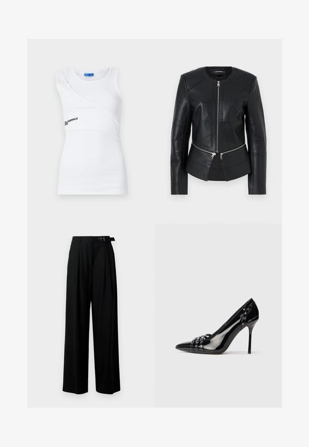 Fekete bőrkabát kerek nyakkivágással, elülső cipzárral és struktúrált dizájnnal. Két cipzáras zseb található a deréknál és varrási részletekkel rendelkezik.; Fehér bordás ujjatlan felső aszimmetrikus szabással, egy vállpánttal és egy diszkrét fekete logóval az elülső oldalon.; Fekete, bő szárú nadrág magas derékkal, elöl pliszírozva, és csattal ellátott övvel. Simább, könnyű anyagból készült.; Fekete patentbőr stiletto sarkú cipő hegyes orral, három díszítő pánttal, rajta tüskékkel, és a sarkán "Karl Lagerfeld" felirattal.