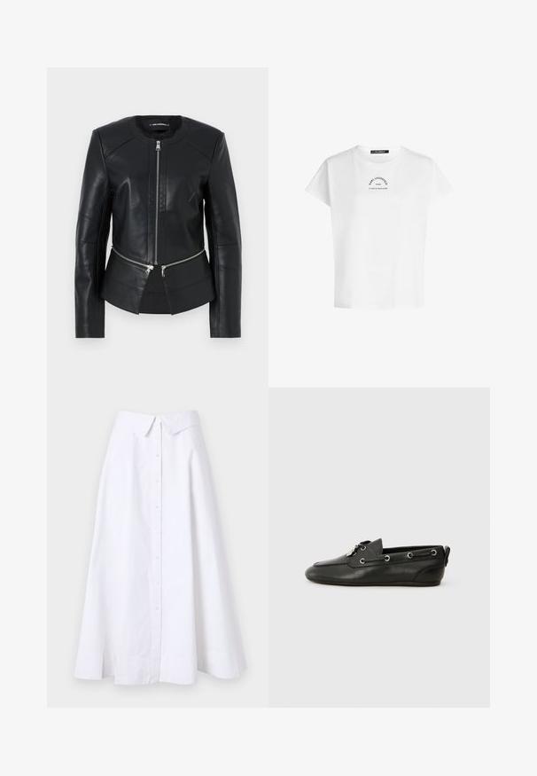 Černá kožená bunda s kulatým výstřihem, předním zipem a strukturovaným designem. Obsahuje dvě zipové kapsy v pase a švy.; Bílé krátké tričko s krátkým rukávem a kulatým výstřihem, na přední straně s černým nápisem "KARL LAGERFELD PARIS 21 RUE ST-GUILLAUME".; Bílá dlouhá sukně z lehkého materiálu, s knoflíkovou légou vpředu, širokým lemem a strukturovaným límcem. Hladká textura bez viditelného vzoru.; Černé kožené lodní boty s kulatou špičkou, šněrováním vpředu, kovovými očky a plochou podrážkou. Mají malou poutku vzadu.