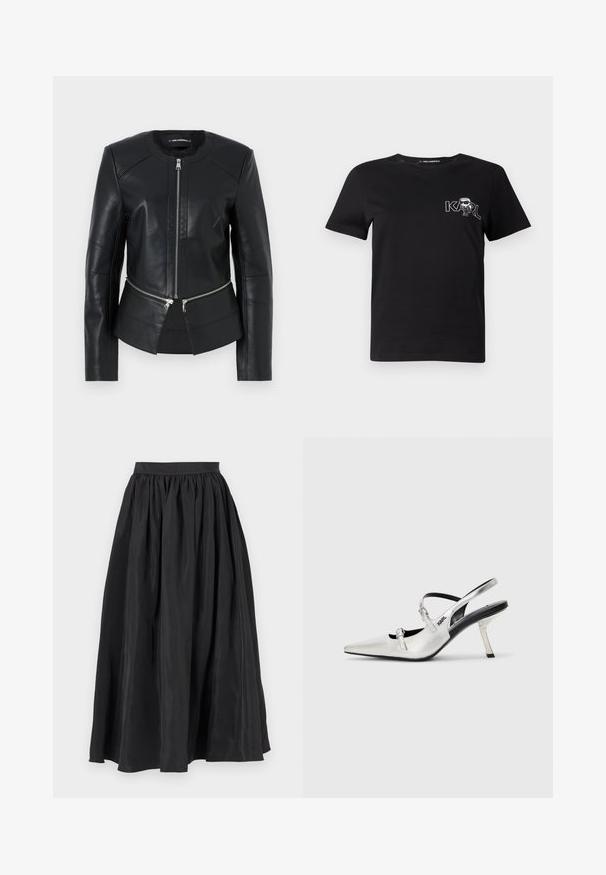 Fekete bőrkabát kerek nyakkivágással, elülső cipzárral és struktúrált dizájnnal. Két cipzáras zseb található a deréknál és varrási részletekkel rendelkezik.; Fekete, rövid ujjú póló pamutból. Fehér grafikával rendelkezik, amelyen a "KARL" felirat és egy stilizált figura látható a mellkason. Kerek nyakkivágással.; Fekete maxi szoknya sima anyagból, gyűjtött derékrésszel és lágyan áramló, tágas siluettel, amely finom fényt sugároz.; Ezüst slingback magasarkú cipők hegyes orral, sima fényes felülettel, vékony sarokkal és dekoratív pánt részletekkel.