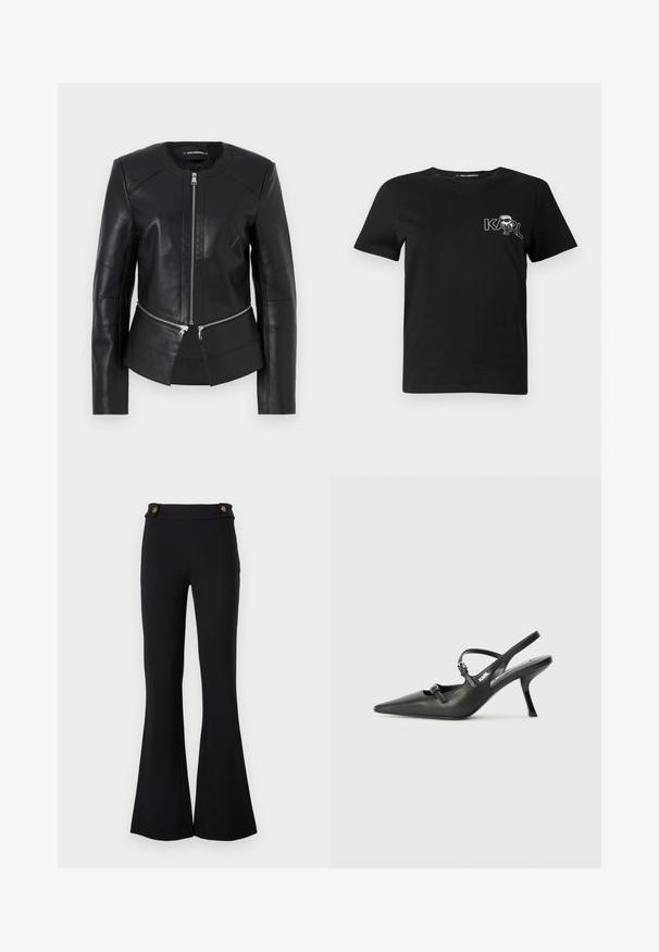 Sort læderjakke med rund udskæring, frontlynlås og struktureret design. Har to lynlås-lommer ved taljen og sømdetaljer.; Sort kortærmet t-shirt lavet af bomuld. Har et hvidt grafik med teksten "KARL" og en stiliseret figur på brystet. Rund halsudskæring.; Sorte flared bukser lavet af strækbart materiale. Har to guldtonede knapper i taljen. Glat tekstur og tætsiddende over hofterne.; Sorte læder slingback hæle med spids tå, slank hæl og dekorativ spænde detalje på vampen. Glat tekstur og strømlinet design.
