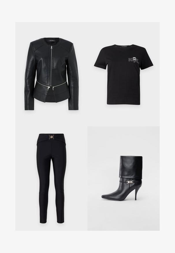 Zwarte leren jas met een ronde halslijn, ritssluiting aan de voorkant en gestructureerd ontwerp. Beschikt over twee ritszakken op de taille en naaddetails.; Zwarte korte mouwen t-shirt van katoen. Heeft een witte grafische print met de tekst "KARL" en een gestileerde figuur op de borst. Ronde hals.; Zwarte legging met een hoge tailleband, voorzien van een gouden decoratieve sluiting aan de voorkant, gemaakt van een gladde, elastische stof.; Zwarte leren enkelboot met een spitse neus, hoge stilettohak, opgevouwen manchet en een gouden decoratieve gespdetails op de enkel.