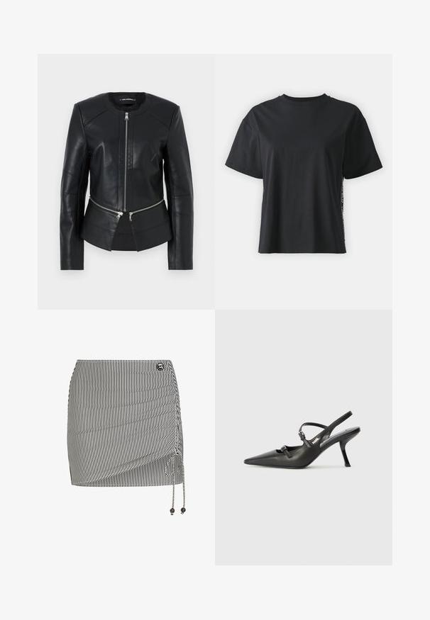 Svart läderjacka med rund halsringning, frontdragkedja och strukturerad design. Har två dragkedjefickor vid midjan och sömdetaljer.; Svart kortärmad t-shirt i bomull med avslappnad passform och kontrasterande sidopanel som har små texter och designdetaljer.; Svart och vit randig mini kjol med samlad sidodetalj, justerbart band och dekorativa pärlor i änden av snöret.; Svarta läderklackar med slingback, spetsig tå, smal klack och dekorativ spänndetalj på ovansidan. Slät struktur och stilren design.