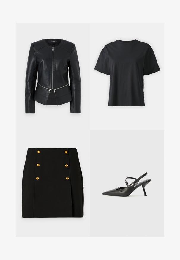 Jachetă din piele neagră cu guler rotund, fermoar frontal și design structurat. Prezintă două buzunare cu fermoar la talie și detalii de cusătură.; Tricou din bumbac negru cu mânecă scurtă, cu o croială lejeră și un panou lateral contrastant, având text mic și detalii de design.; Fustă mini neagră cu un design ajustat, având un panou frontal cu patru butoane aurii și un detaliu pliat pe lateral. Fabricată dintr-un material neted.; Pantofi cu toc slingback din piele neagră, cu vârful ascuțit, toc subțire și detaliu decorativ cu cataramă pe partea din față. Textură netedă și design elegant.