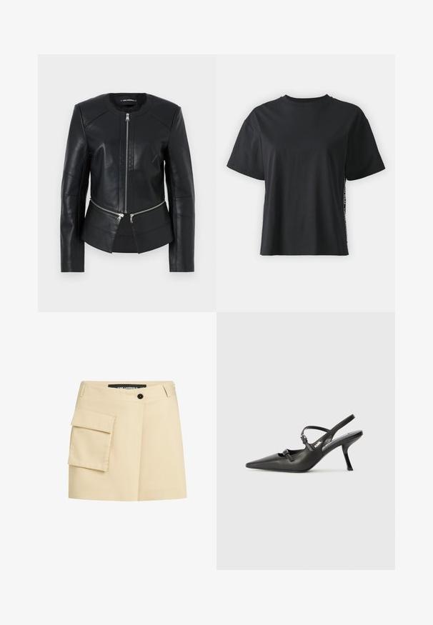 Must mustnahast jakk ümmarguse kaelusega, ees tõmblukuga ja struktuurse kujundusega. Omab kahte tõmblukuga taskut vööl ja õmblusdetailidega.; Must have lühikeste varrukatega puuvillane must T-särk, millel on lõdvestunud lõige ja kontrastne külgpanel, mis sisaldab väikest teksti ja kujunduselemente.; Bež seelik, millel on istuv vöökoht, ees nupulukk ja vasakul küljel kaubapocket. Sile kangas koos kohandatud disainiga.; Must musta slingback kontsad, terava nina, peenike konts ja dekoratiivne pandla detail peal. Sile tekstuur ja stiilne disain.