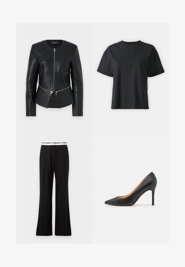 Schwarze Lederjacke mit rundem Halsauschnitt, vorderem Reißverschluss und strukturiertem Design. Verfügt über zwei Reißverschlusstaschen auf Taillenhöhe und Nahtdetails.; Schwarzes kurzärmliges Baumwoll-T-Shirt mit lockerer Passform und kontrastierendem Seitenpanel, das kleine Text- und Designdetails aufweist.; Schwarze Hosen mit lockerem Schnitt, ausgestattet mit einem weißen elastischen Bund mit Branding. Hergestellt aus glattem Stoff mit leichtem Glanz.; Schwarze Leder-Peeptoe-High Heels mit einem Stiletto-Absatz, die eine glatte Textur und ein minimales Design aufweisen. Innen gefüttert in Tan.