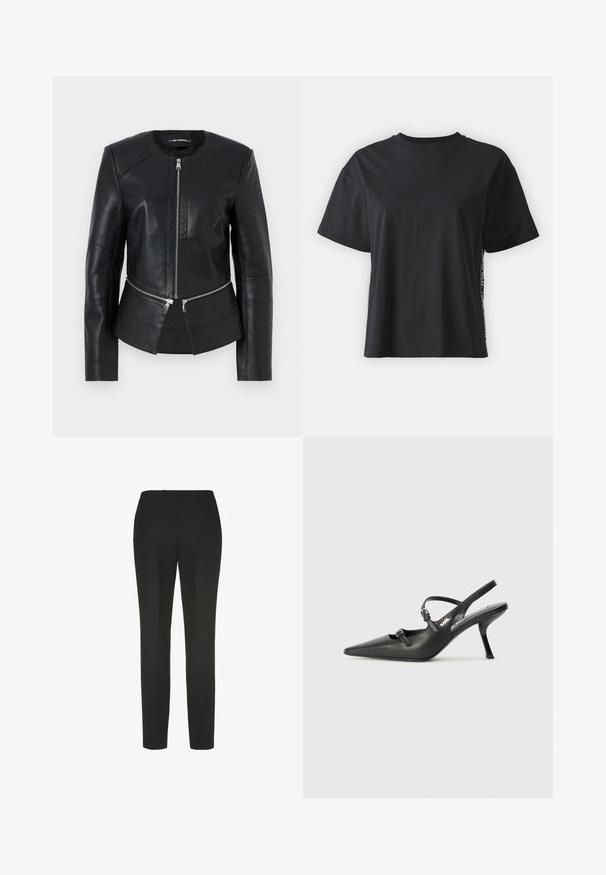 Černá kožená bunda s kulatým výstřihem, předním zipem a strukturovaným designem. Obsahuje dvě zipové kapsy v pase a švy.; Černé triko s krátkým rukávem, vyrobené z bavlny, s volným střihem a kontrastním bočním panelem, který obsahuje malý text a designové detaily.; Luisa Spagnoli OTRE - Kalhoty - nero; Černé kožené lodičky na boku s špičatou špičkou, štíhlým podpatkem a dekorativní přezkou na nártu. Hladká textura a elegantní design.