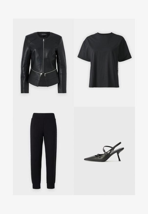 Zwarte leren jas met een ronde halslijn, ritssluiting aan de voorkant en gestructureerd ontwerp. Beschikt over twee ritszakken op de taille en naaddetails.; Zwarte katoenen t-shirt met korte mouwen, ontspannen pasvorm en contrasterend zijpaneel met kleine tekst en ontwerpelementen.; Zwarte sweatpants met taps toelopende pijpen, voorzien van een brede elastische tailleband en gemêleerde zijpanelen. Gemaakt van een zachte, rekbare stof.; Zwarte leren slingback hakken met een spitse neus, slanke hak en decoratieve gespdetails op de bovenkant. Gladde textuur en een strakke uitstraling.