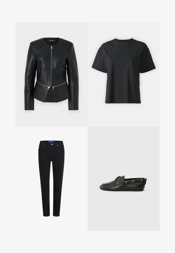 Juodas odinis švarkas su apvaliu iškirpimu, priekiniu užtrauktuku ir struktūrizuotu dizainu. Yra du užtrauktukai kišenėse, esančiose juosmens srityje, ir siuvimo detalės.; Juoda trumpomis rankovėmis medvilninė marškinėliai su laisvu siluetu ir kontrastine šonine juostele, kurioje yra mažas tekstas ir dizaino detalės.; Juodos džinsai su lieknu siluetu, penkių kišenių dizainu, užtrauktuku ir metaliniu mygtuko uždarymu. Yra subtilus siuvimas ir vidutinė juosmens linija.; Juoda oda laivų avalynė su apvaliu pirštu, raištelių priekiniu užsegimu, metalinėmis skylutėmis ir plokščiu padu. Yra nedidelis užvalkalas gale.