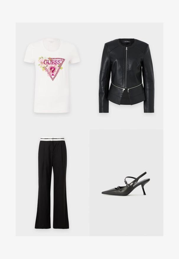 Black leather jacket with a round neckline, front zipper, and structured design. Features two zipper pockets at the waist and seam detailing.; White cotton t-shirt featuring a colorful floral graphic with a pink triangular logo and the word "GUESS®" in bold letters.; Black trousers with a relaxed fit, featuring a white elastic waistband with branding. Made of smooth fabric with a slight sheen.; Black leather slingback heels with a pointed toe, slender heel, and decorative buckle detail on the vamp. Smooth texture and sleek design.