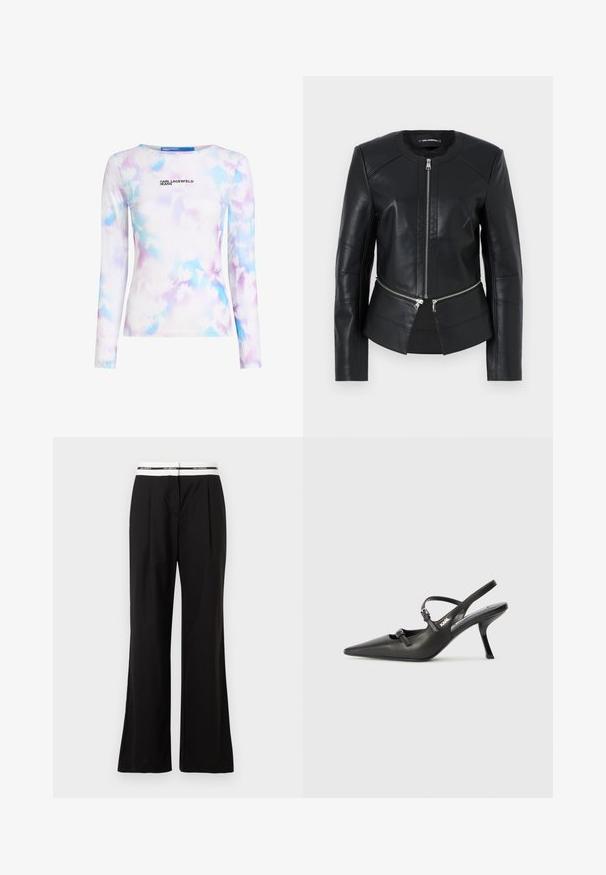 Schwarze Lederjacke mit rundem Halsauschnitt, vorderem Reißverschluss und strukturiertem Design. Verfügt über zwei Reißverschlusstaschen auf Taillenhöhe und Nahtdetails.; Langärmliges Oberteil aus einem glatten, elastischen Material. Es hat ein florales Muster in Pastellblau und lila sowie ein bedrucktes Logo auf der Vorderseite.; Schwarze Hosen mit lockerem Schnitt, ausgestattet mit einem weißen elastischen Bund mit Branding. Hergestellt aus glattem Stoff mit leichtem Glanz.; Schwarzlederne Slingback-Absätze mit spitzer Zehenform, schlankem Absatz und dekorativem Schnallendetail auf dem Blatt. Glatte Textur und elegantes Design.