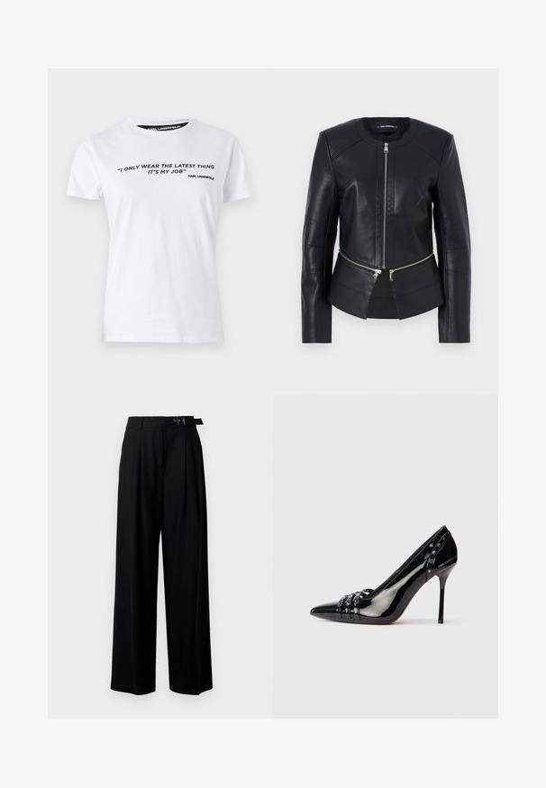 Sort læderjakke med rund udskæring, frontlynlås og struktureret design. Har to lynlås-lommer ved taljen og sømdetaljer.; Hvid bomulds T-shirt med korte ærmer, med sort trykt tekst og citat på forsiden, samt et mærketikette med 'KARL LAGERFELD.'; Sort vide-bein bukser med høj talje, læg foran og et bælte med spænde. Fremstillet af glat, let materiale.; Sorte patentlæder stiletto hæl sko med spids tå, tre dekorative remme med nitter, og "Karl Lagerfeld" branding på hælen.