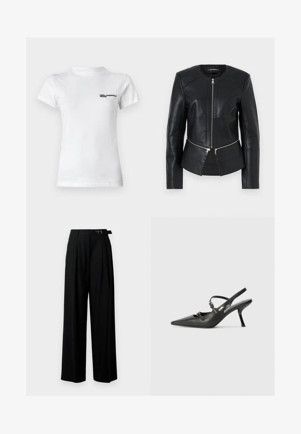 Black leather jacket with a round neckline, front zipper, and structured design. Features two zipper pockets at the waist and seam detailing.; White cotton t-shirt with a round neck. Features short sleeves and a black logo text "KARL LAGERFELD JEANS" on the left chest.; Black wide-leg trousers with a high waist, pleats at the front, and a belt featuring a buckle. Made from smooth, lightweight fabric.; Black leather slingback heels with a pointed toe, slender heel, and decorative buckle detail on the vamp. Smooth texture and sleek design.