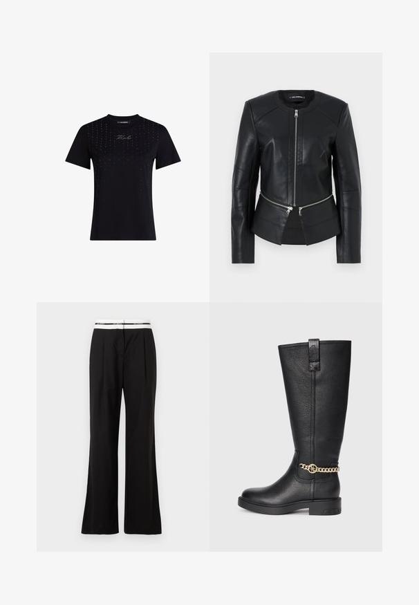 Must mustnahast jakk ümmarguse kaelusega, ees tõmblukuga ja struktuurse kujundusega. Omab kahte tõmblukuga taskut vööl ja õmblusdetailidega.; Must tume musta puuvillane T-särk, millel on ümar kaelus, lühikesed varrukad ja ees laiali asetatud sädelevad kivid, keskel logodetailiga.; Mustad püksid, millel on mugav lõige, valge elastse vöökohtaga, millel on kaubamärgi logo. Valmistatud siledast kangast, millel on kerge läige.; Must muste kneepikad mustad nahast saapad tekstureeritud viimistlusega, kaunistatud dekoratiivse kuldse äärisega ja tasase kummist tallaga.