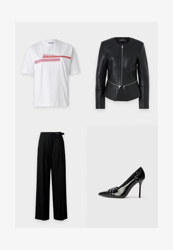 Mustat nahkatakki, jossa on pyöreä kaulus, edessä vetoketju ja muotoiltu malli. Sisältää kaksi vetoketjullista taskua vyötäröllä ja saumat yksityiskohtia.; Valkoinen puuvillainen t-paita, jossa on pyöreä pääntie, lyhyet hihat ja puna-pinkki graafinen printti rinnassa bränditekstillä.; Mustat leveät housut korkealla vyötäröllä, etuosassa laskokset ja soljellinen vyö. Valmistettu sileästä ja kevyestä kankaasta.; Mustan patenttivahan täysikorkea korkokenkä, jossa on terävä kärki, kolme koristeellista nauhaa niiteillä ja "Karl Lagerfeld" -brändäys kannassa.