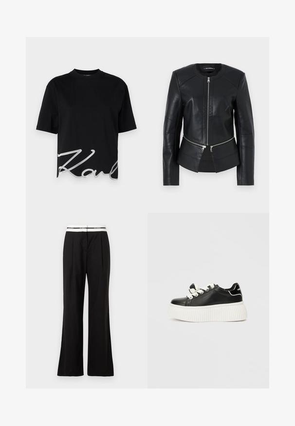 Mustat nahkatakki, jossa on pyöreä kaulus, edessä vetoketju ja muotoiltu malli. Sisältää kaksi vetoketjullista taskua vyötäröllä ja saumat yksityiskohtia.; KARL LAGERFELD OVERSIZED SIGNATURE HEM - T-paita - black; Mustat housut rentoa mallia, joissa on valkoinen joustokiristys vyötäröllä, brändäys näkyvissä. Valmistettu sileästä kankaasta, jossa on kevyt kiilto.; Mustat nahkasneakerit paksulla valkoisella urheilupohjalla, joissa on valkoiset nauhat ja koristeellinen nauhaakkina kielessä.