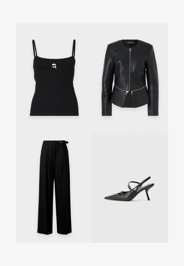 Mustat nahkatakki, jossa on pyöreä kaulus, edessä vetoketju ja muotoiltu malli. Sisältää kaksi vetoketjullista taskua vyötäröllä ja saumat yksityiskohtia.; Musta ribattupaita ohuiden hihnojen kanssa, jossa on edessä pieni valkoinen graafinen kuva hahmosta aurinkolasit päässä.; Mustat leveät housut korkealla vyötäröllä, etuosassa laskokset ja soljellinen vyö. Valmistettu sileästä ja kevyestä kankaasta.; Mustat nahkaiset slingback-korkokengät, joissa on terävä kärki, hoikka korko ja koristeellinen solkityyny varpailla. Tasainen pinta ja tyylikäs muotoilu.