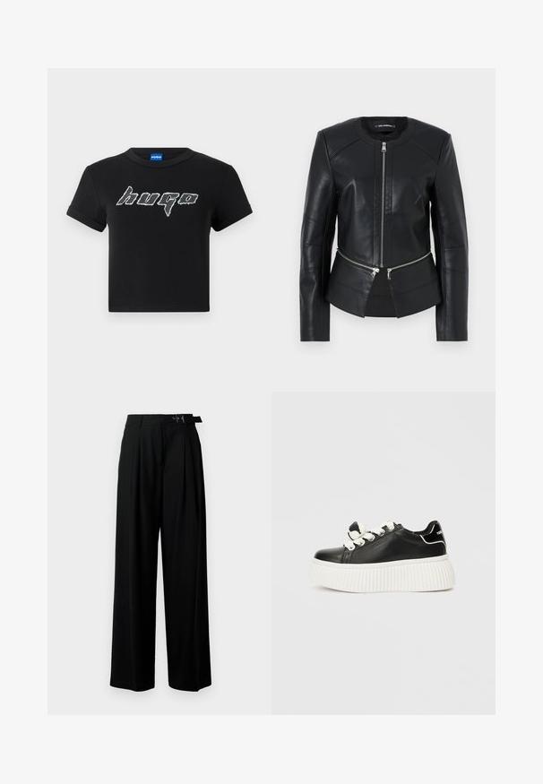 Must mustnahast jakk ümmarguse kaelusega, ees tõmblukuga ja struktuurse kujundusega. Omab kahte tõmblukuga taskut vööl ja õmblusdetailidega.; Must mustüri must mees, millel on suur, stiliseeritud valge "hugo" logo graafilises fondis. Lühikesed varrukad ja ümar kaelus.; Mustad kõrge vöökohaga mustad laiad püksid, millel on ees voldid ja vöö, millel on pandla. Valmistatud siledast ja kergest kangast.; Must must kõndida mustade nahast sneakeritega, millel on paks valge ribik, valged kingapaelad ning kaunistav lipsu aktsent keele peal.