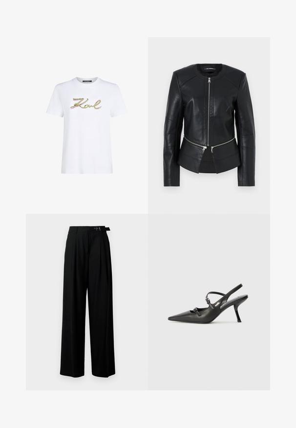 Giubbotto di pelle nera con collo rotondo, zip frontale e design strutturato. Presenta due tasche con zip in vita e dettagli delle cuciture.; T-shirt bianco in cotone con la scritta "Karl" in paillettes verdi e rosa. Maniche corte e scollo rotondo. Design pulito e semplice.; Pantaloni neri a gamba larga con vita alta, pieghe nella parte anteriore e una cintura con fibbia. Realizzati in tessuto liscio e leggero.; Scarpe slingback nere in pelle con punta affilata, tacco sottile e dettaglio decorativo a fibbia sulla tomaia. Texture liscia e design elegante.