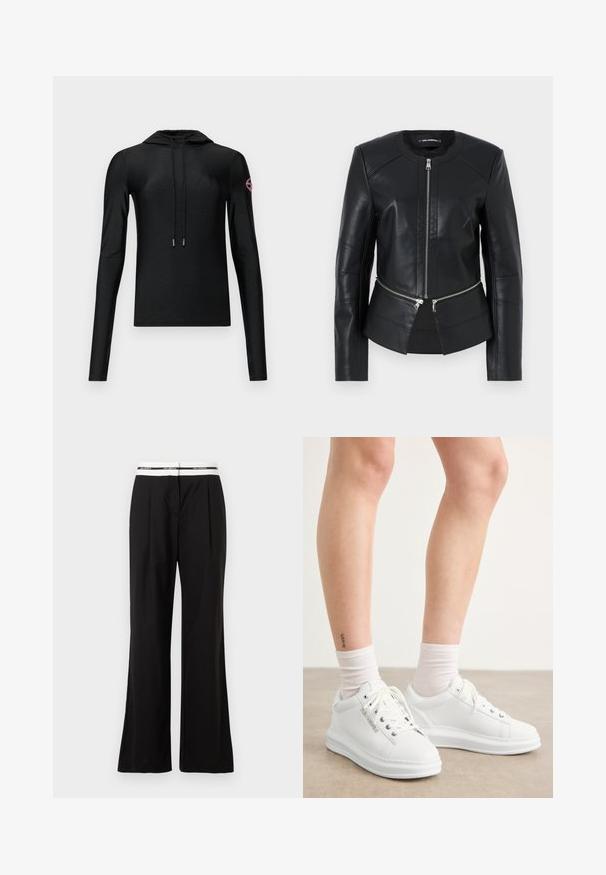 Svart läderjacka med rund halsringning, frontdragkedja och strukturerad design. Har två dragkedjefickor vid midjan och sömdetaljer.; Svart huvtröja med lång ärm och en figurnära design, med en dragsko fram och en rund logotyp i rosa på höger ärm.; Svarta byxor med avslappnad passform, med en vit elastisk midja med varumärkeslogga. Tillverkade av ett mjukt tyg med en lätt lyster.; Vita lädersneakers med en slät yta, rund tå och platt gummisula. Snörning är synlig och strumpkantarna är vita.