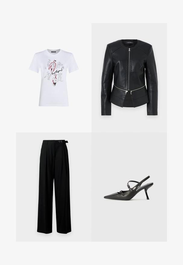Zwarte leren jas met een ronde halslijn, ritssluiting aan de voorkant en gestructureerd ontwerp. Beschikt over twee ritszakken op de taille en naaddetails.; Witte katoenen t-shirt met zwarte en rode artistieke schetsen van kledingstukken en figuren, voorzien van handgeschreven notities en handtekeningen.; Zwarte wijde broek met hoge taille, plooien aan de voorkant en een riem met een gesp. Gemaakt van glad, lichtgewicht stof.; Zwarte leren slingback hakken met een spitse neus, slanke hak en decoratieve gespdetails op de bovenkant. Gladde textuur en een strakke uitstraling.