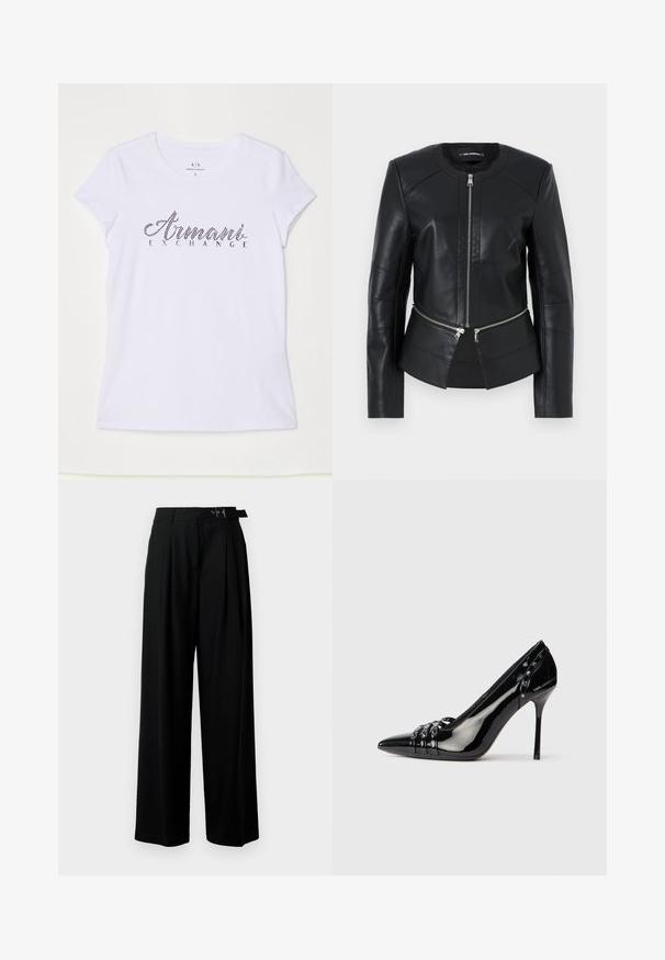 Jachetă din piele neagră cu guler rotund, fermoar frontal și design structurat. Prezintă două buzunare cu fermoar la talie și detalii de cusătură.; Tricou alb cu mânecă scurtă, fabricat din bumbac, cu un logo din rhinestone negru care spune "Armani Exchange" pe față.; Pantaloni negri cu croi larg, talie înaltă, pliuri în față și un b μέρος cu cataramă. Confecționați dintr-un material neted și ușor.; Pantofii cu toc stiletto din piele lăcuită neagră, cu vârf ascuțit, trei curelușe decorative cu nituțe și branding "Karl Lagerfeld" pe toc.