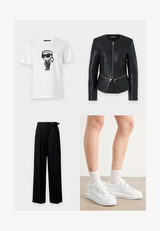 Juodas odinis švarkas su apvaliu iškirpimu, priekiniu užtrauktuku ir struktūrizuotu dizainu. Yra du užtrauktukai kišenėse, esančiose juosmens srityje, ir siuvimo detalės.; Balta medvilninė marškinėliai, puošti juodai baltu animaciniu piešiniu, kuriame pavaizduotas personažas su dideliais akinių rėmeliais ir kostiumu, su užrašu "KARL LAGERFELD" apačioje.; Juodos plačios kojų kelnės su aukštu liemeniu, priekinėmis klostėmis ir diržu su sagtimi. Pagamintos iš lygaus, lengvo audinio.; Balti odiniai sportbačiai su lygiu paviršiumi, apvaliu pirštu ir plokščiu guma sukurti padu. Raišteliai matomi, o kojinių kraštai yra balti.