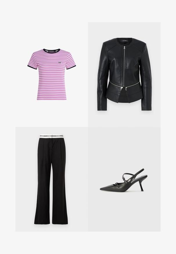 Svart läderjacka med rund halsringning, frontdragkedja och strukturerad design. Har två dragkedjefickor vid midjan och sömdetaljer.; Kortärmad, ribbad t-shirt i rosa med vita ränder, med svart rundhals och ärmtrim, och en liten grafisk detalj på bröstet.; Svarta byxor med avslappnad passform, med en vit elastisk midja med varumärkeslogga. Tillverkade av ett mjukt tyg med en lätt lyster.; Svarta läderklackar med slingback, spetsig tå, smal klack och dekorativ spänndetalj på ovansidan. Slät struktur och stilren design.