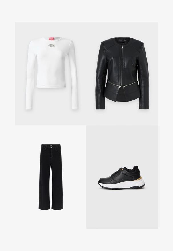 Melnas ādas jaka ar apaļu apkakli, priekšējo rāvējslēdzēju un strukturētu dizainu. Iekļautas divas rāvējslēdzēja kabatas jostasvietā un šuvju apdare.; Balts garām piedurknēm T-krekls, izgatavots no gludas auduma, ar apaļu kakla izgriezumu un sudraba logotipa detaļu krūšu centrā.; Melni platās kāju džinsi, izgatavoti no denima, ar augstu jostasvietu, priekšējām kabatām, vienu pogu aizdari un gludu apakšmalu.; Melnas ādas kedas ar teksturētu virsmu, ar baltu starpmēru, melnu ārējo zoli un zelta akcentu uz papēža. Ar šņorēm.