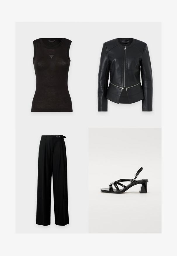 Juodas odinis švarkas su apvaliu iškirpimu, priekiniu užtrauktuku ir struktūrizuotu dizainu. Yra du užtrauktukai kišenėse, esančiose juosmens srityje, ir siuvimo detalės.; Guess ANITA EMBELLISH ME - Viršus - jet black; Juodos plačios kojų kelnės su aukštu liemeniu, priekinėmis klostėmis ir diržu su sagtimi. Pagamintos iš lygaus, lengvo audinio.; Juodos lakinės odos aukštakulniai sandalai su atvira pirštine, plačiomis dirželių, reguliuojamu sagtimi ir geometrišku blokiniu kulnu.